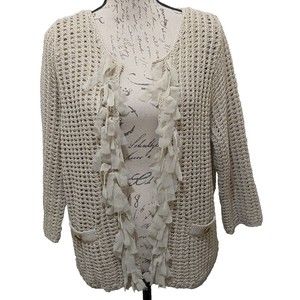 Chico's Cream Crochet Open Cardigan with Ruffle Trim